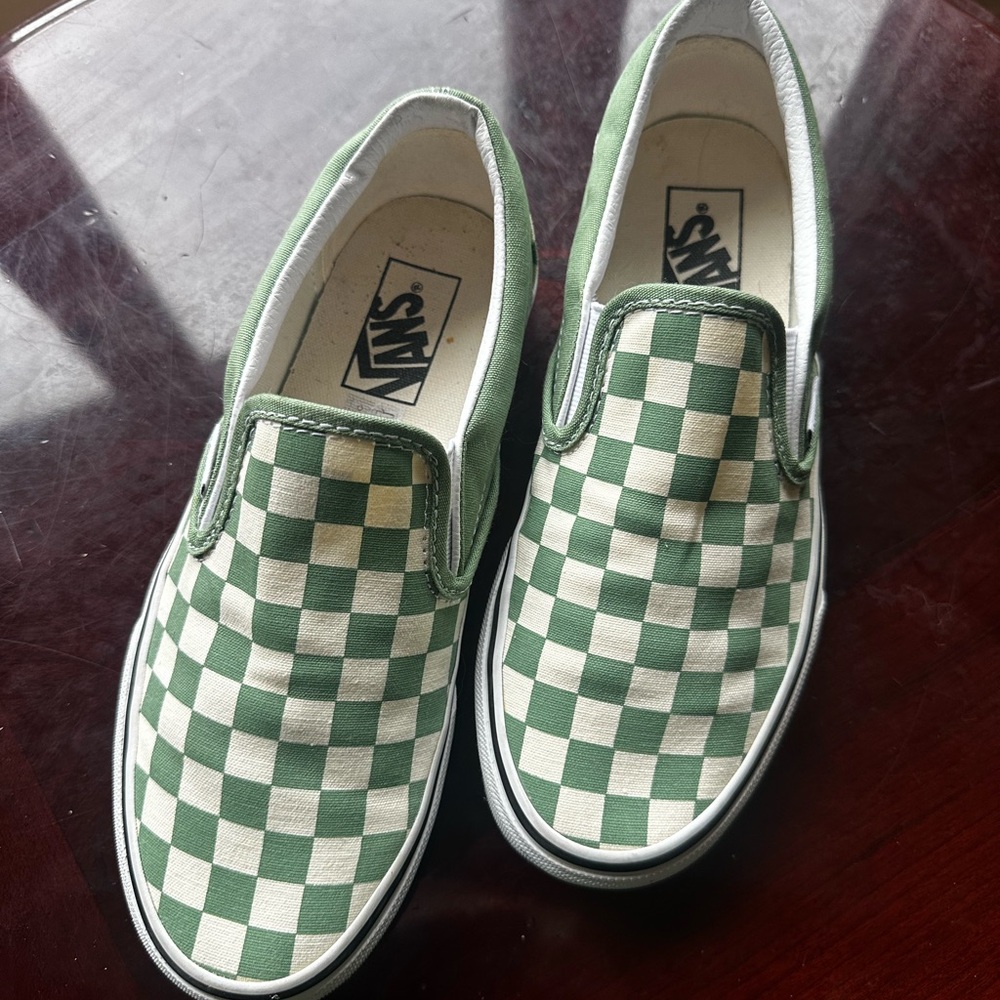 Vans Green and White Checkerboard Slip-On Sneakers